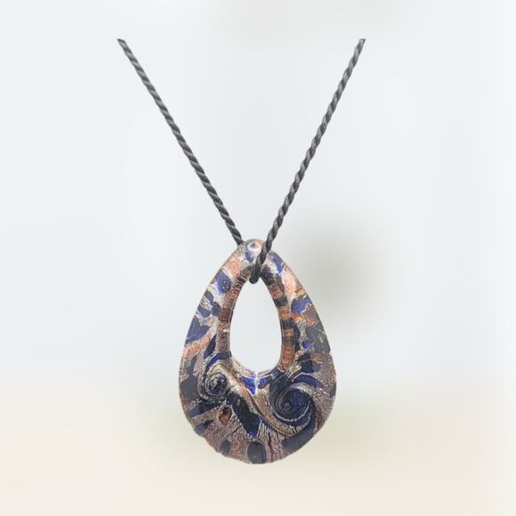 Murano /Venetian inspired glass metallic blue, silver & copper tear drop pendant - Picture 1 of 7